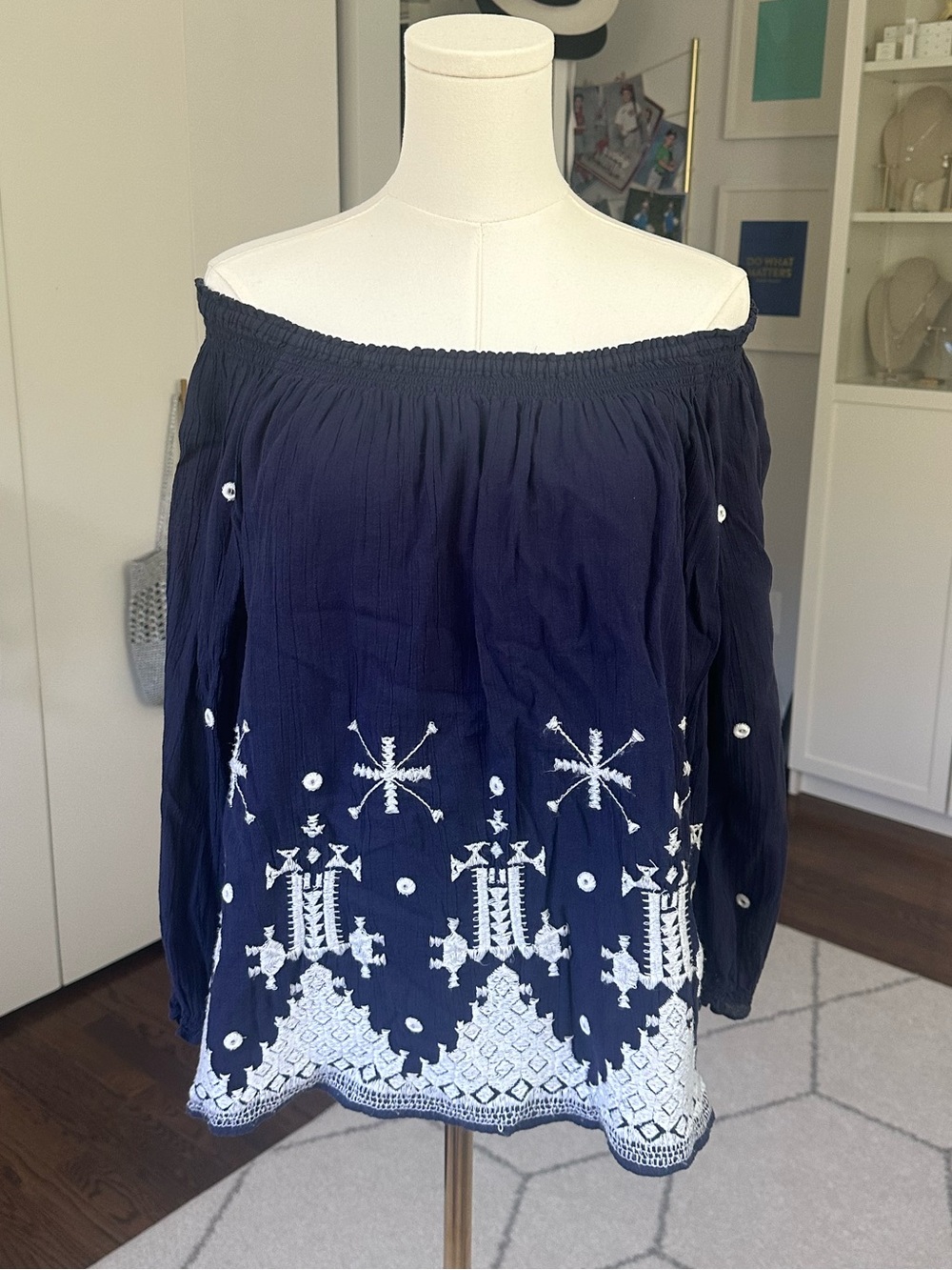 Joie Kistine Embroidered Off the Shoulder Blouse in dark navy